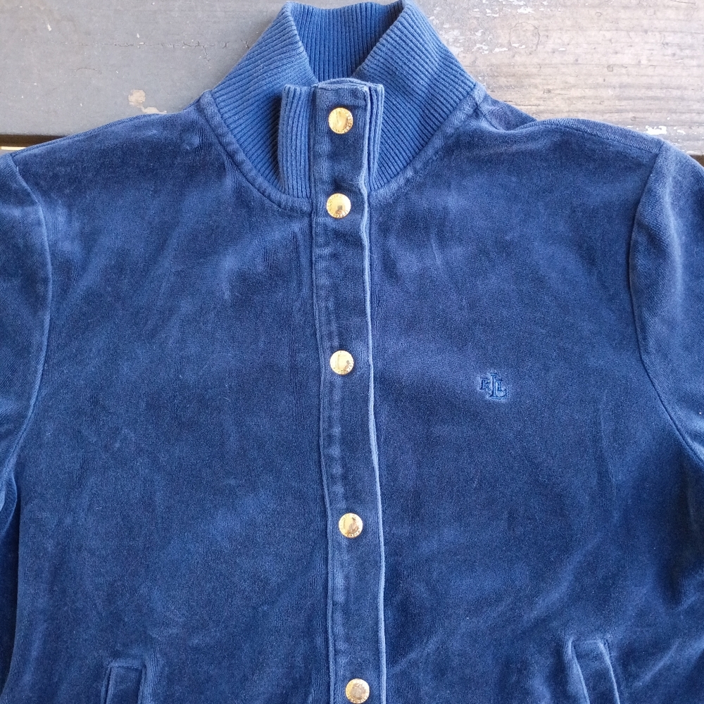 Lauren Ralph Lauren Blue Velour Button Track Jacket Women's Size Small - Picture 3 of 4